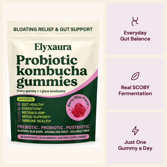 Elyxaura Probiotic Kombucha Gummies: everyday gut balance, real SCOBY fermentation, just one gummy a day